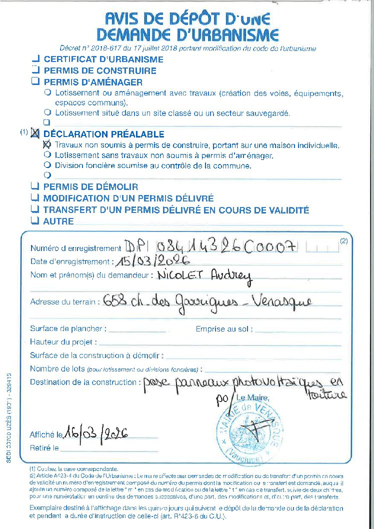 Avis de dépôt d&rsquo;une demande d&rsquo;urbanisme Déclaration Préalable n°084 143 26 C0007