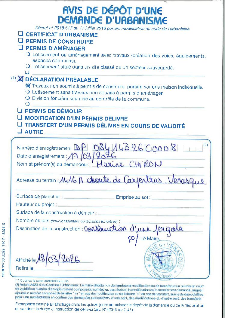 Avis de dépôt d&rsquo;une demande d&rsquo;urbanisme Déclaration Préalable n°084 143 26 C0008