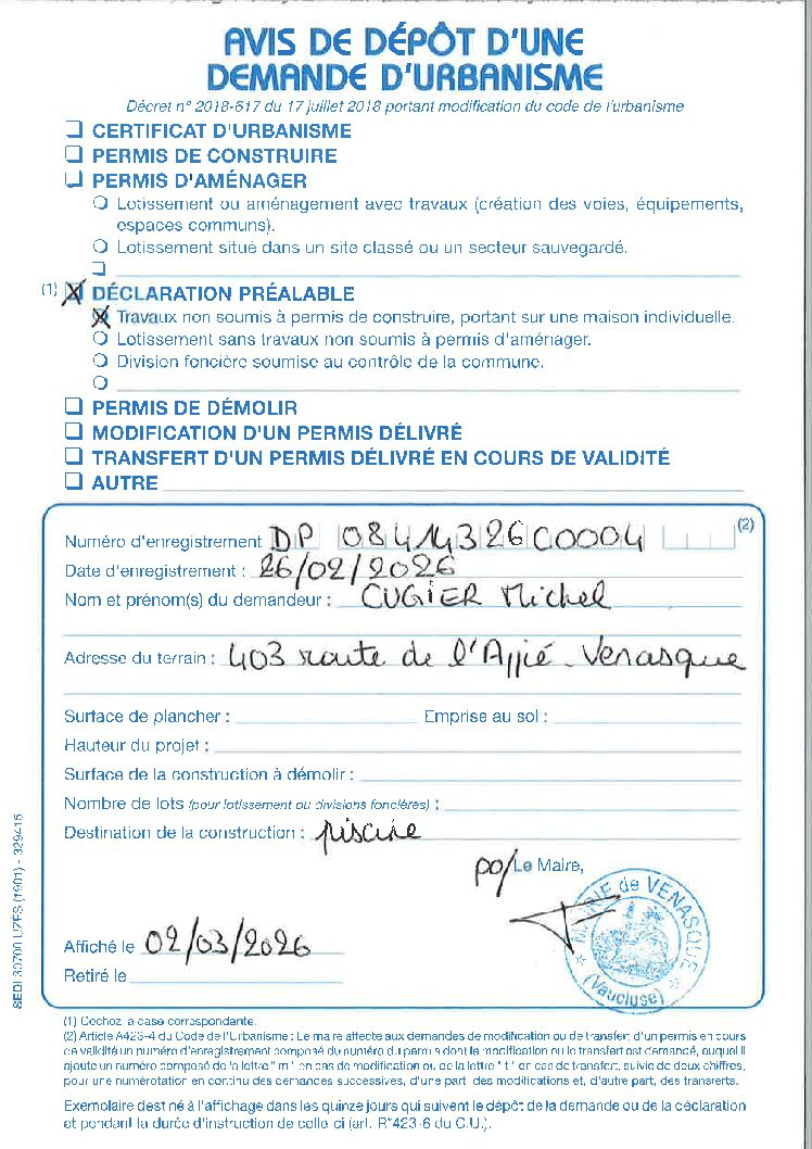 Avis de dépôt d&rsquo;une demande d&rsquo;urbanisme Déclaration préalable n° 084 143 26 C0004