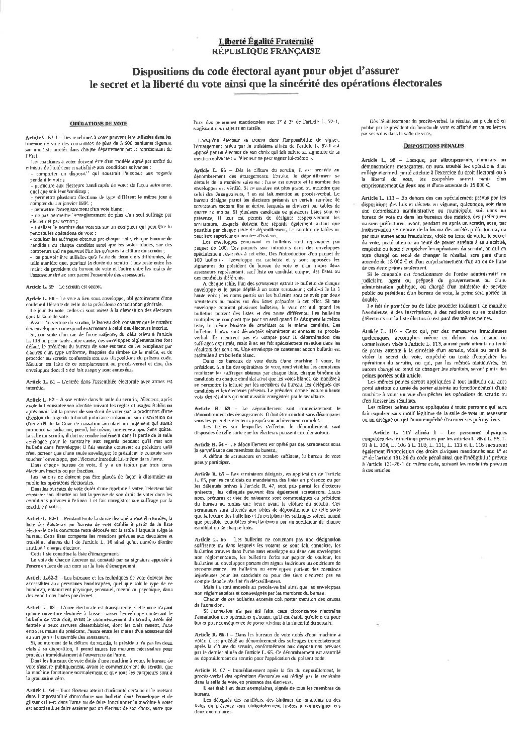 Dispositions du code électoral ayant pour objet d&rsquo;assurer le secret et la liberté du vote ainsi que la sincérité des opérations électorales
