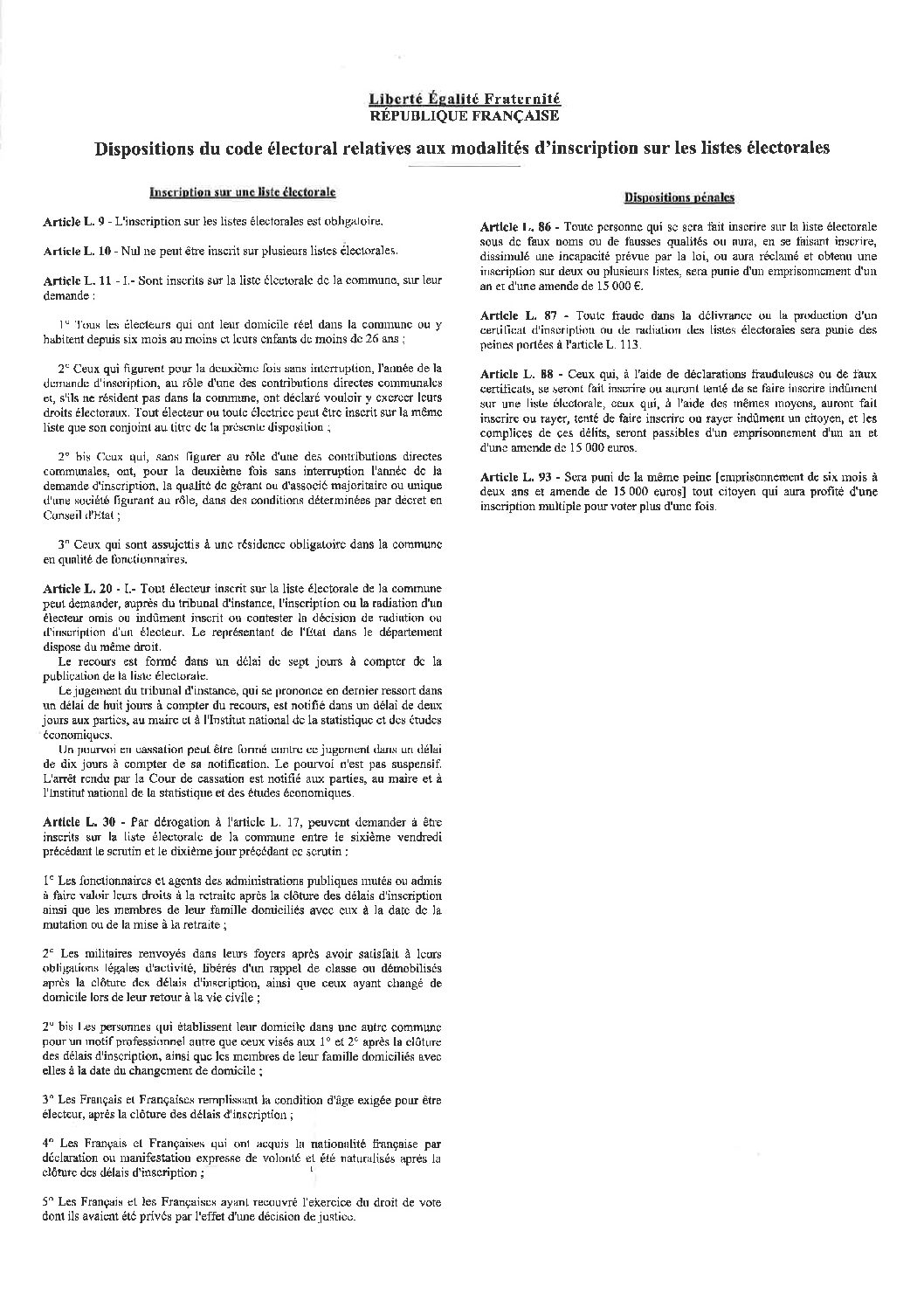 Dispositions du code électoral relatives aux modalités d&rsquo;inscription sur les listes électorales