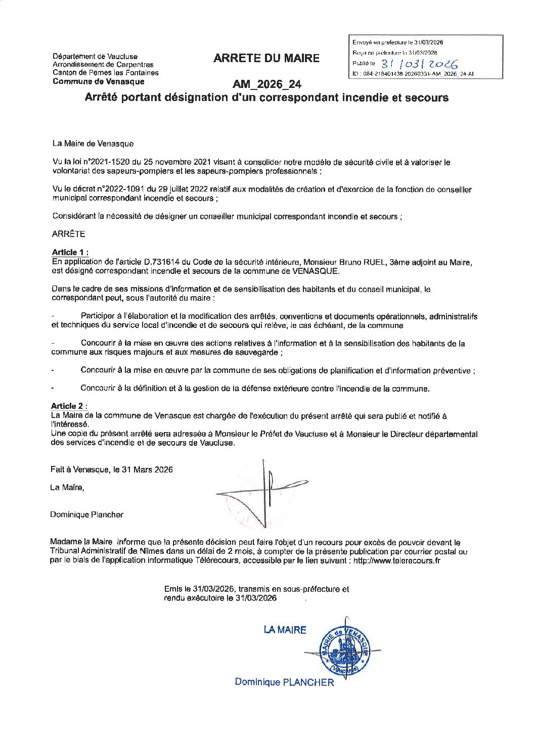 Arrêté portant désignation d&rsquo;un correspondant incendie et secours