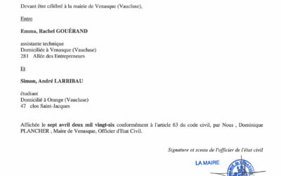 Publication du mariage d’Emma, Rachel GOUÉRAND et de Simon André LARRIBAU