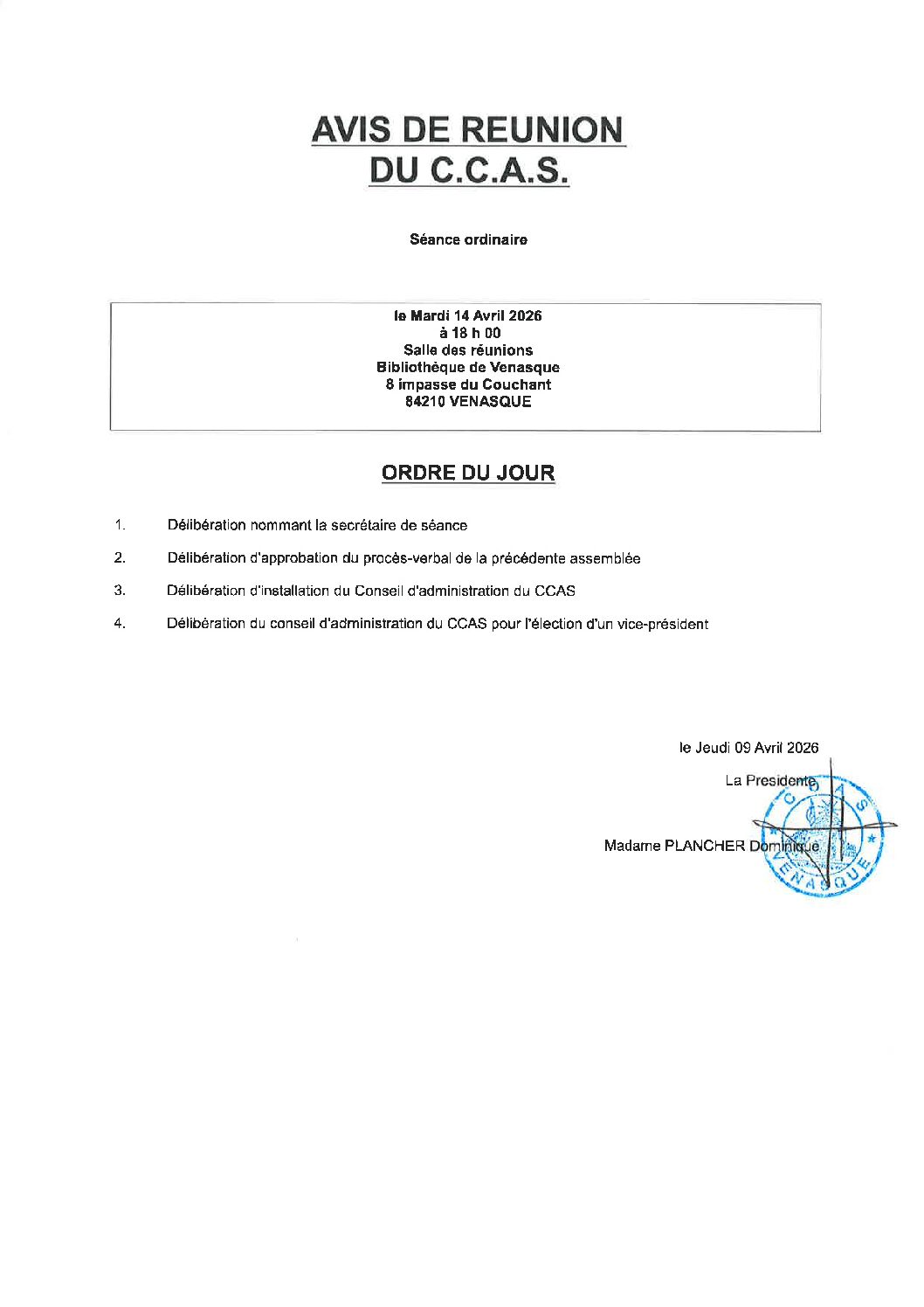 Avis de réunion du C.C.A.S