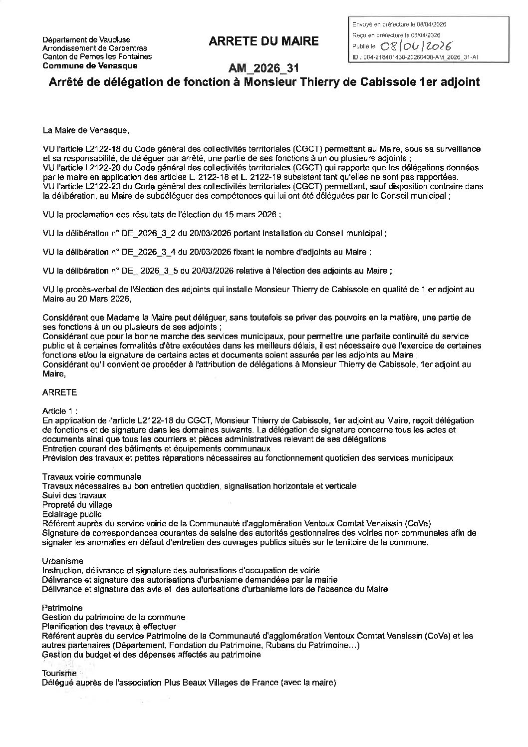AM_2026_31 Arrêté de délégation de fonction à Monsieur Thierry de Cabissole 1er adjoint