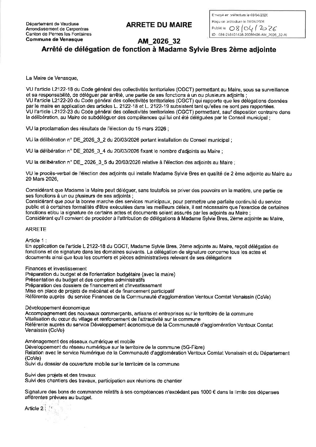 AM_2026_32 Arrêté de délégation de fonction à Madame Sylvie Bres 2ème adjointe
