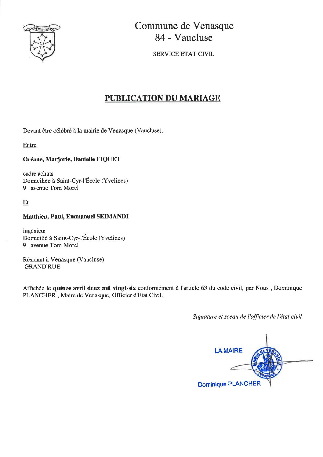 Publication du mariage d’Océane FIQUET Matthieu SEIMANDI