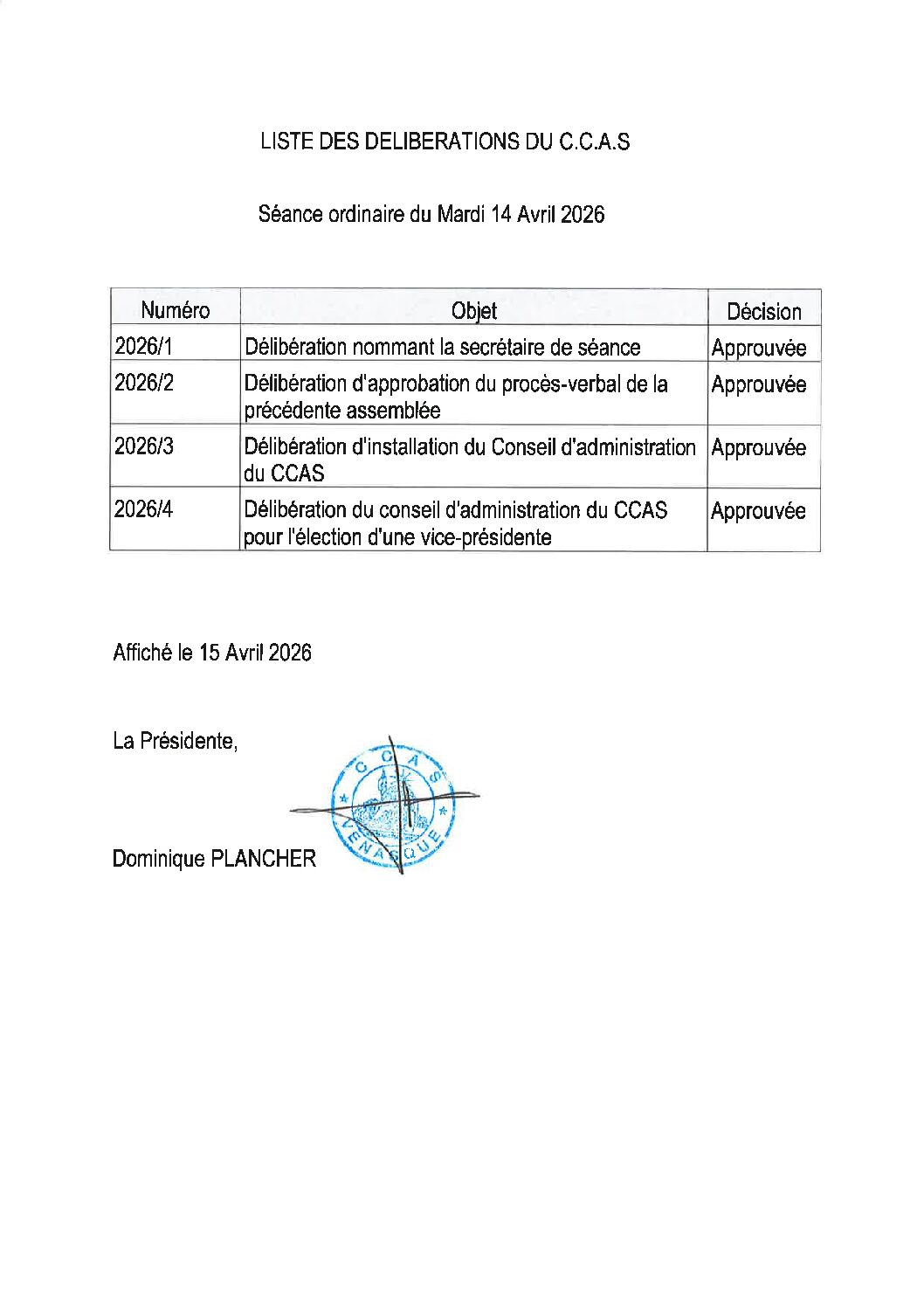 Liste des délibérations du C.C.A.S. Séance ordinaire du Mardi 14 avril 2026