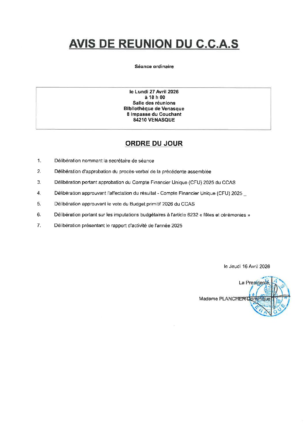 Avis de Réunion du C.C.A.S