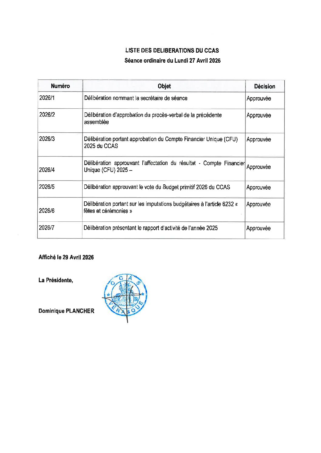 Liste des délibérations du CCAS. Séance ordinaire du lundi 27 avril 2026
