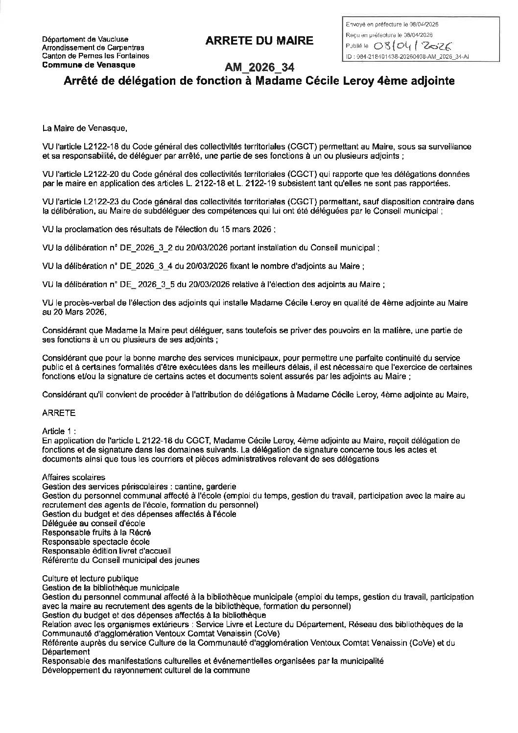 AM_2026_34 Arrêté de délégation de fonction à Madame Cécile Leroy 4ème adjointe