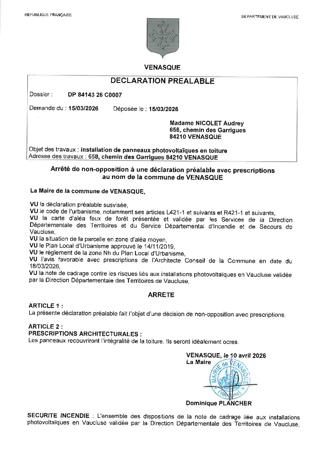 Arrêté de décision d’urbanisme accordant la Déclaration Préalable n° 084 143 26 C0007