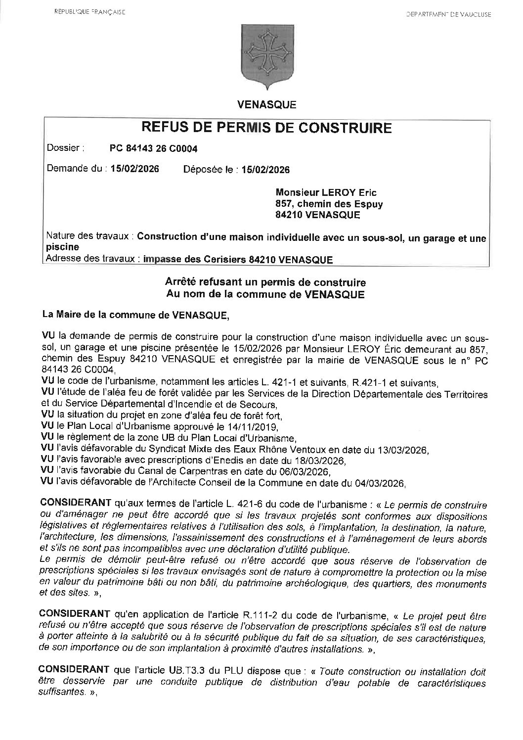 Arrêté de décision d’urbanisme refusant le permis de construire n° PC 084 143 26 C0004