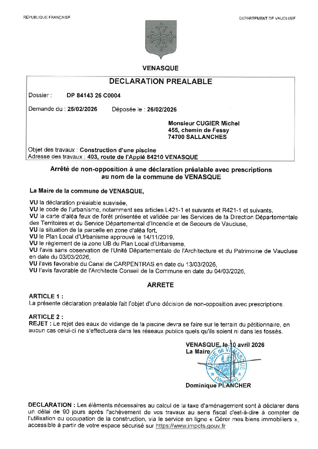 Arrêté de décision favorable d’urbanisme Déclaration Préalable n° DP 084 143 26 C0004