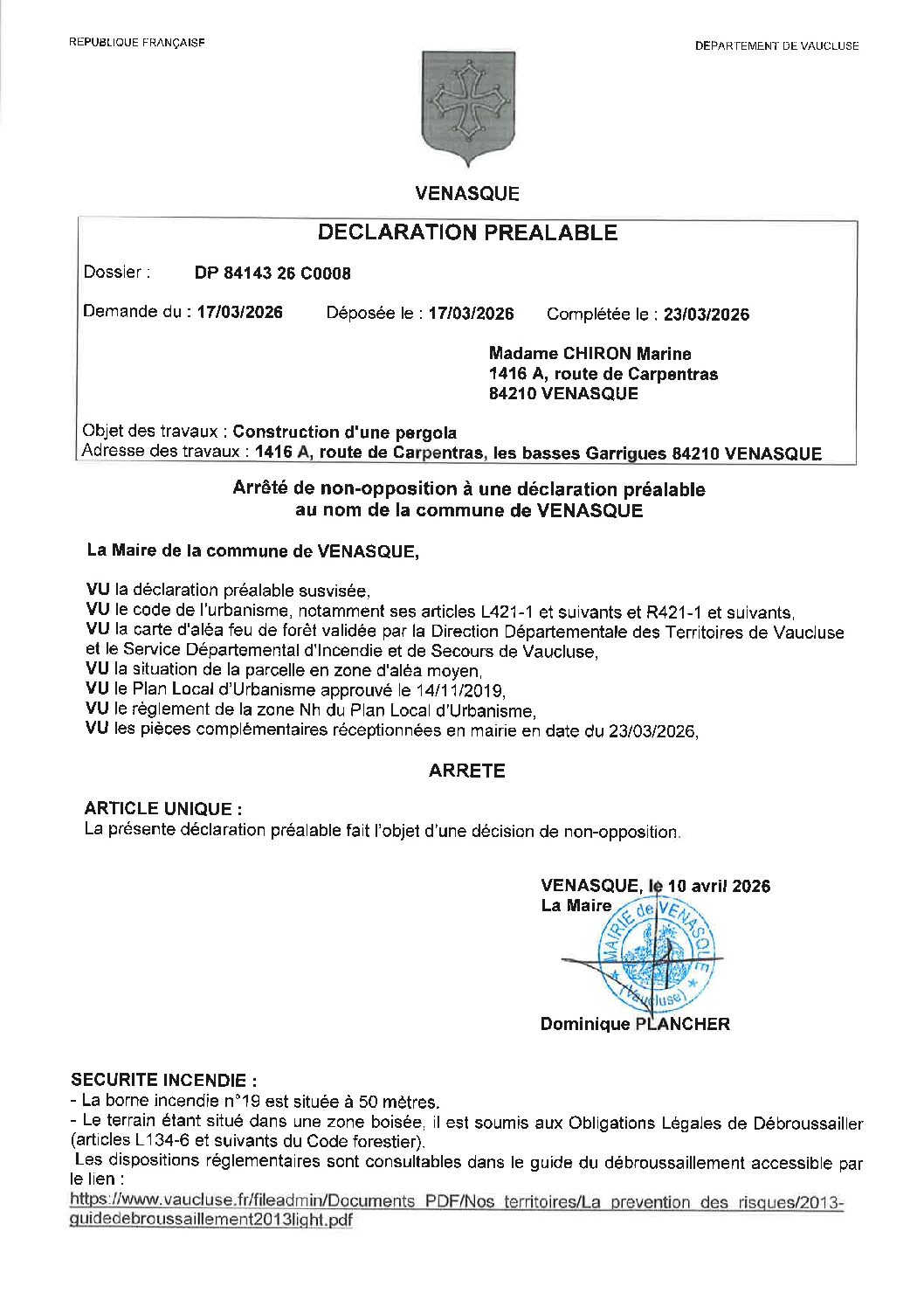 Arrêté de décision favorable d’urbanisme Déclaration Préalable n° DP 084 143 26 C0008