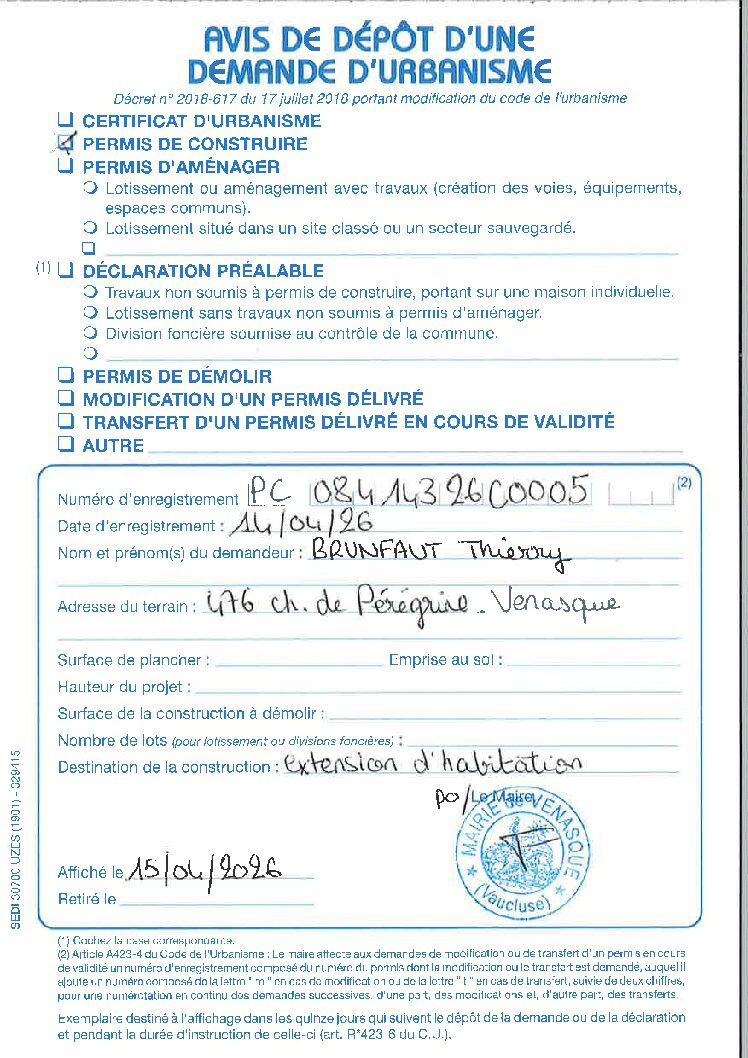 Avis de dépôt d’une demande d’autorisation d’urbanisme Permis de Construire n° 084 143 26 C0005