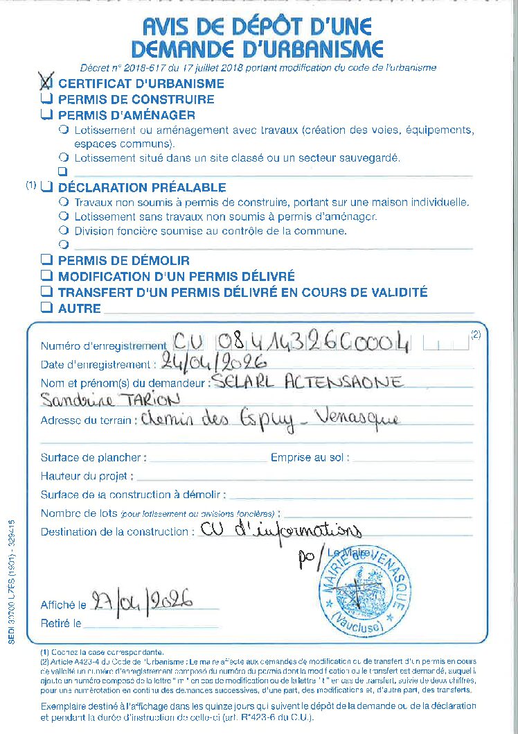 Avis de dépôt d’une demande d’urbanisme Certificat d’Urbanisme d’information n°084 143 26 C0004