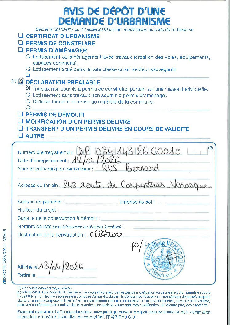 Avis de dépôt d’une demande d’urbanisme Déclaration Préalable n° 084 143 26 C0010