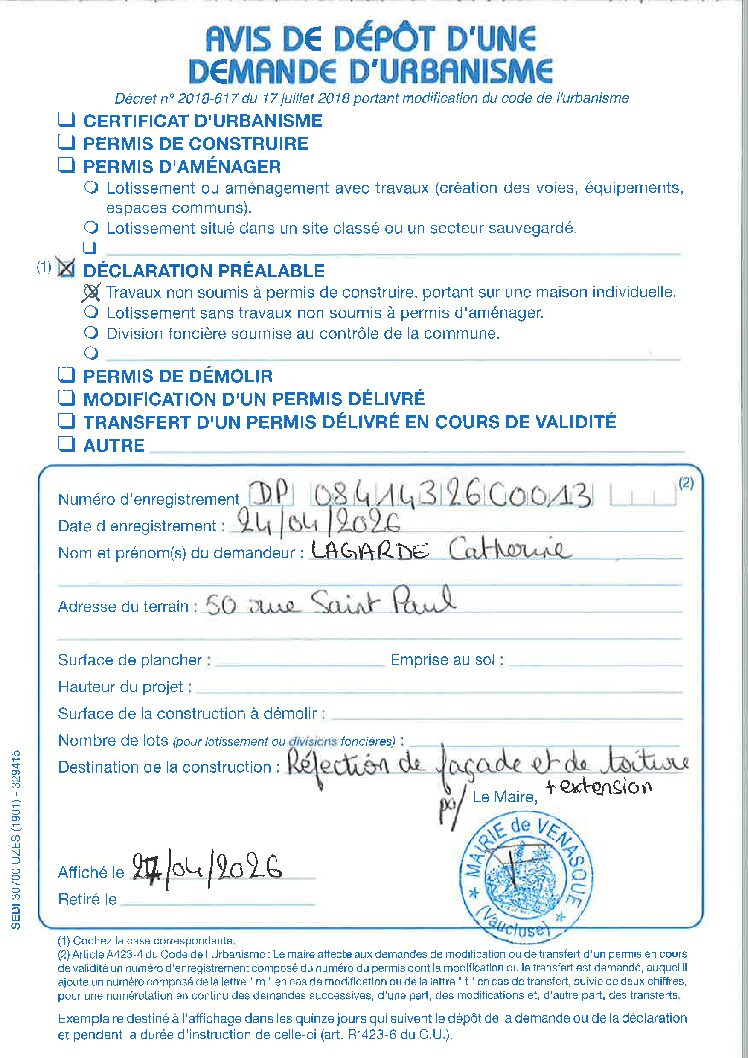 Avis de dépôt d’une demande d’urbanisme Déclaration Préalable n°084 143 26 C0013