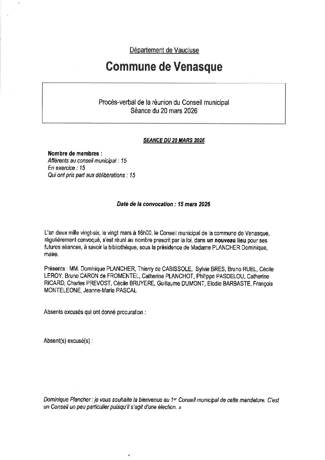 PV de la réunion du Conseil municipal séance du 20 mars 2026