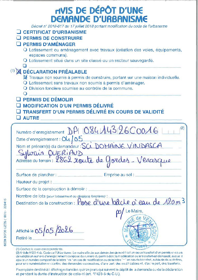 Avis de dépôt d’une demande d’urbanisme DP 08414326C0016