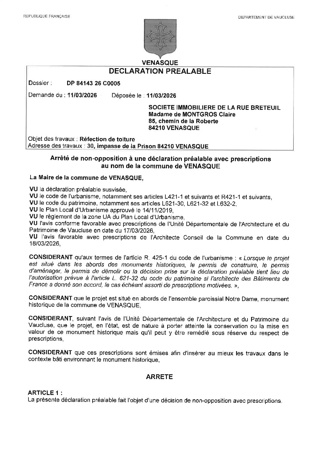 Arrêté de non-opposition à la Déclaration Préalable n° DP 084 143 26 C0005