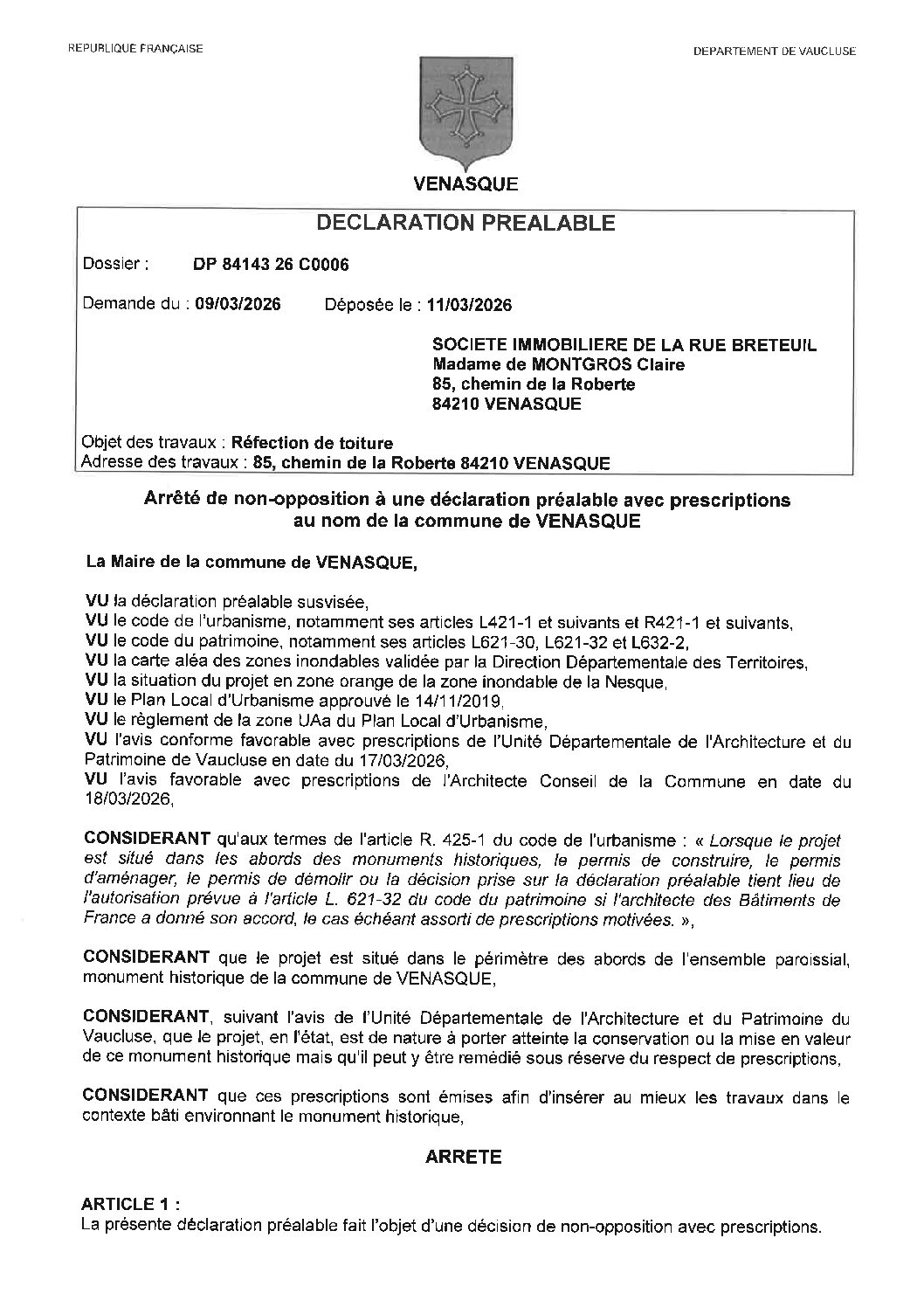 Arrêté de non-opposition à la Déclaration Préalable n°DP 084 143 26 C0006