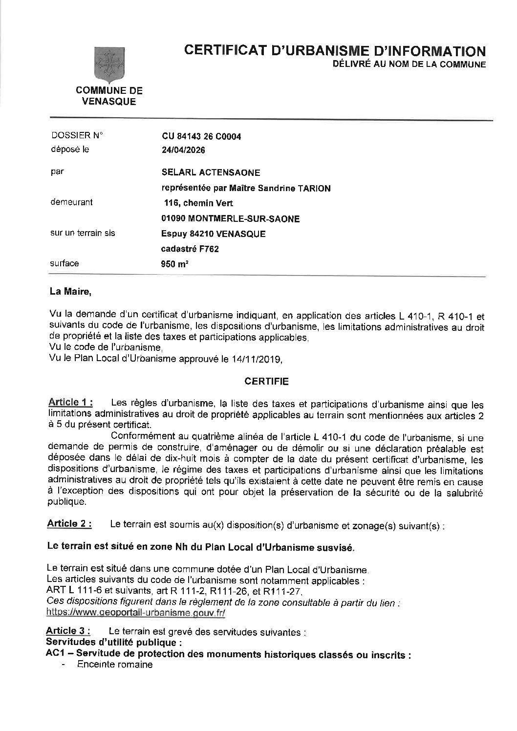 Arrêté d’urbanisme réponse au Certificat d’Urbanisme d’informations n°CU 084 143 26 C0004