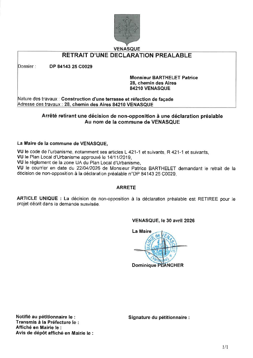 Arrêté retirant une décision de non-opposition à la Déclaration Préalable n° DP 084 143 25 C0029