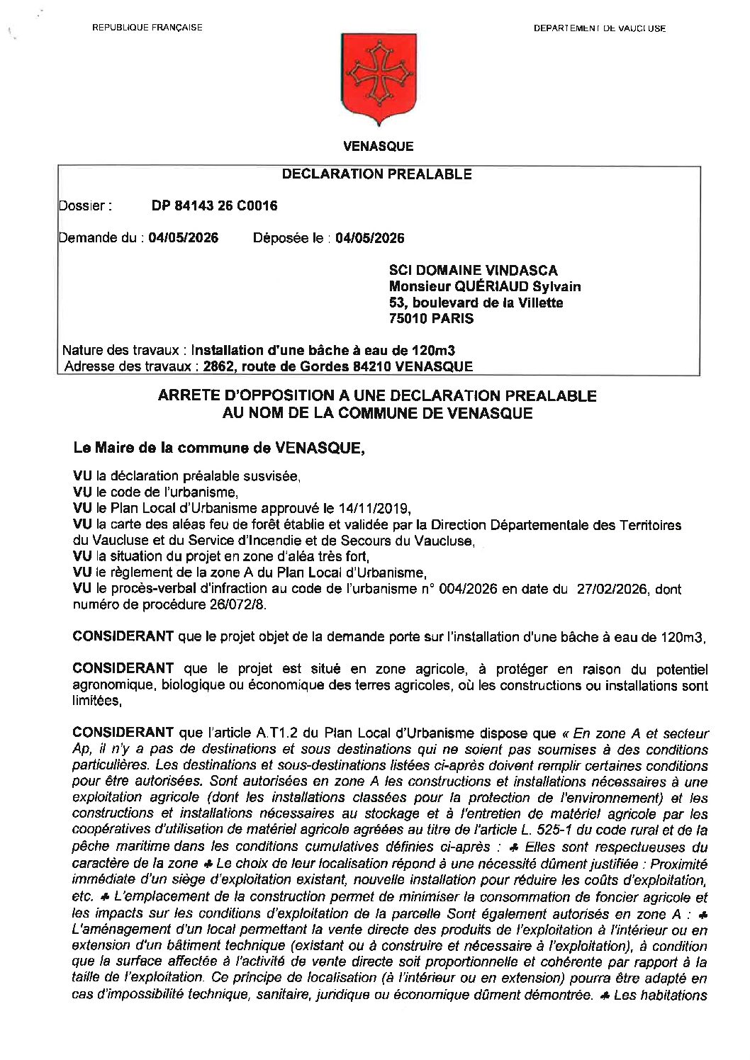 Arrêté d’opposition à une déclaration préalable au nom de la commune de Venasque