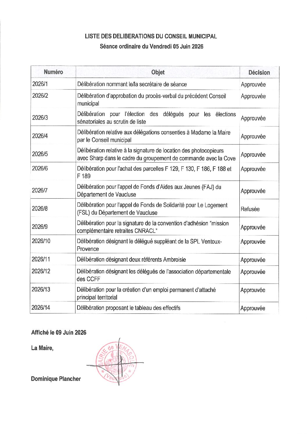 Liste des délibérations du Conseil municipal séance ordinaire du Vendredi 5 juin 2026