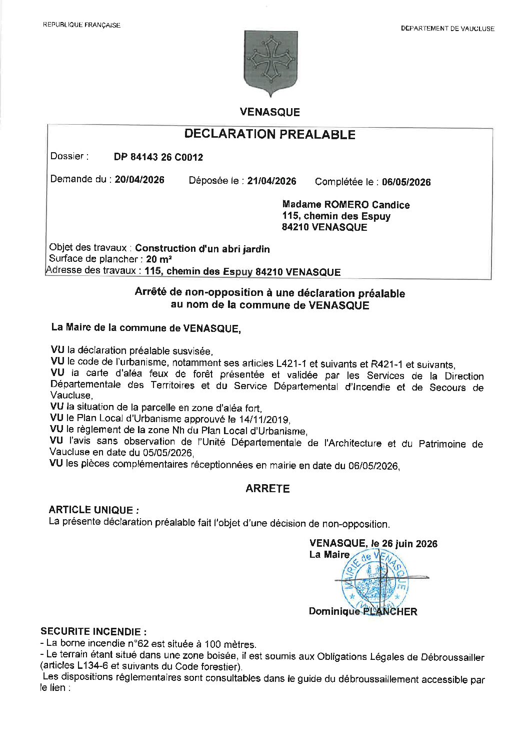 Arrêté de non-opposition à la déclaration préalable n° DP 084 143 26 C0012