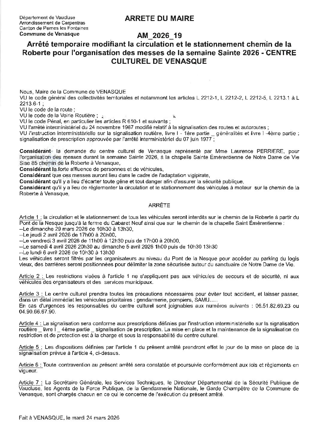 2026-19 Arrêté temporaire modifiant la circulation et le stationnement chemin de la Roberte pour l&rsquo;organisation des messes de la semaine Sainte 2026 – CENTRE CULTUREL DE VENASQUE