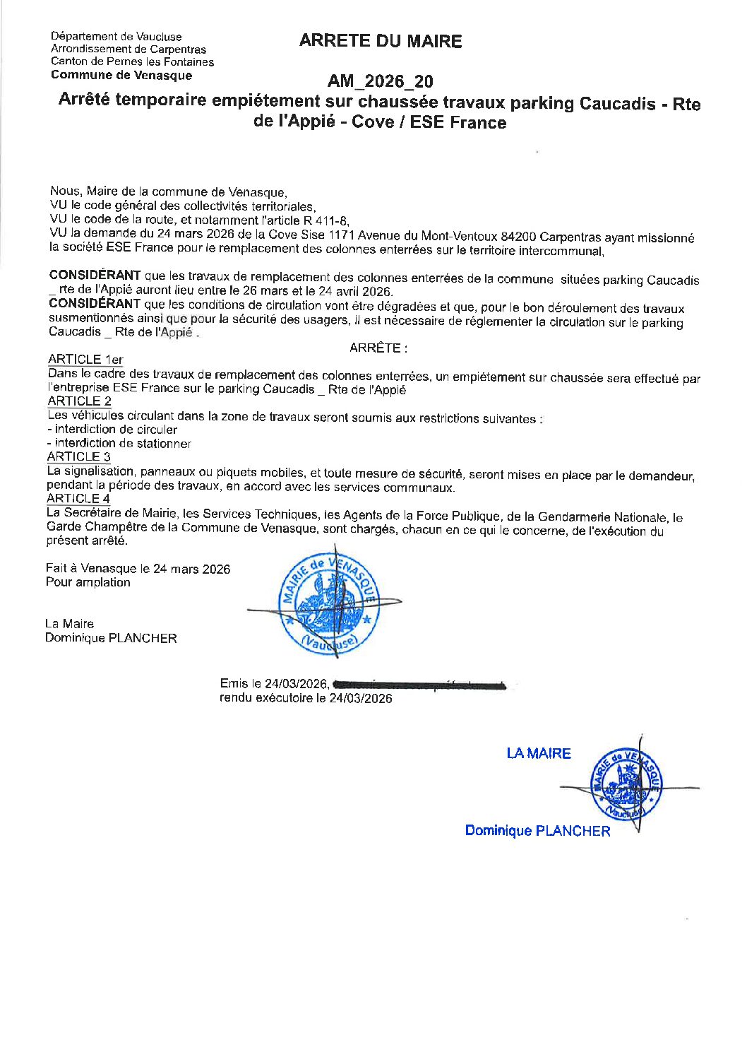 2026-20 Arrêté temporaire empiètement sur chaussée parking Caucadis Rte de l&rsquo;Appié – Cove -ESE France
