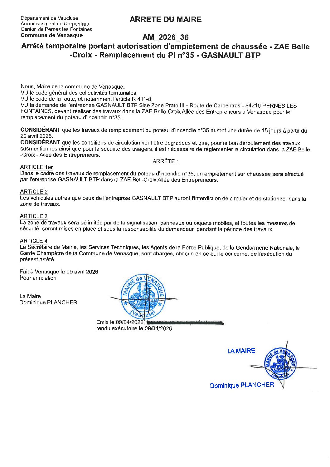 2026-36 Arrêté temporaire portant autorisation d’empietement de chaussée – ZAE Belle-Croix – Remplacement PI n°35 – GASNAULT BTP