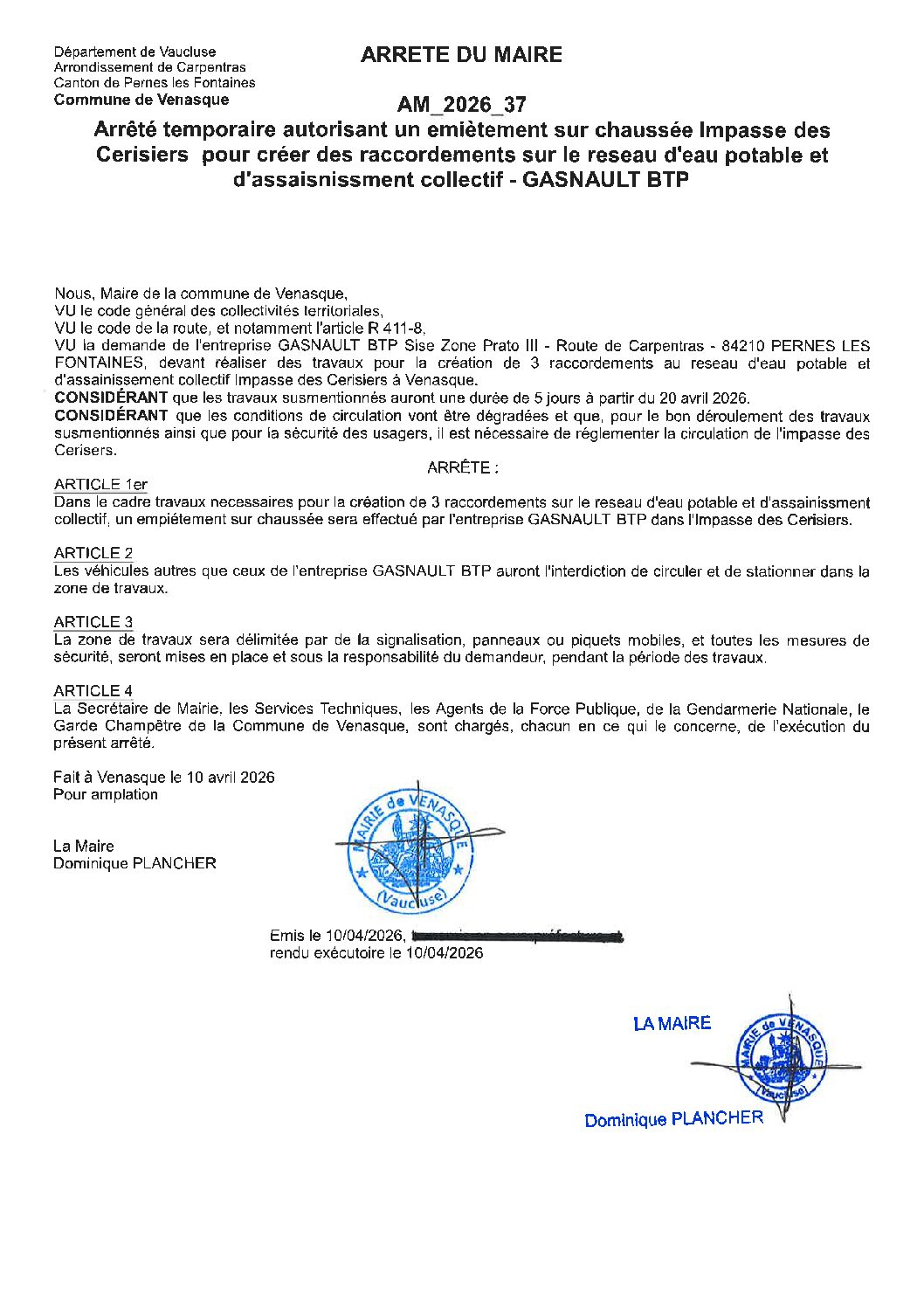 2026-37 Arrêté temporaire portant autorisation d’empiètement sur chaussée Impasse des Cerisiers pour créer 3 raccordements eau potable et EU – GASNAULT BTP