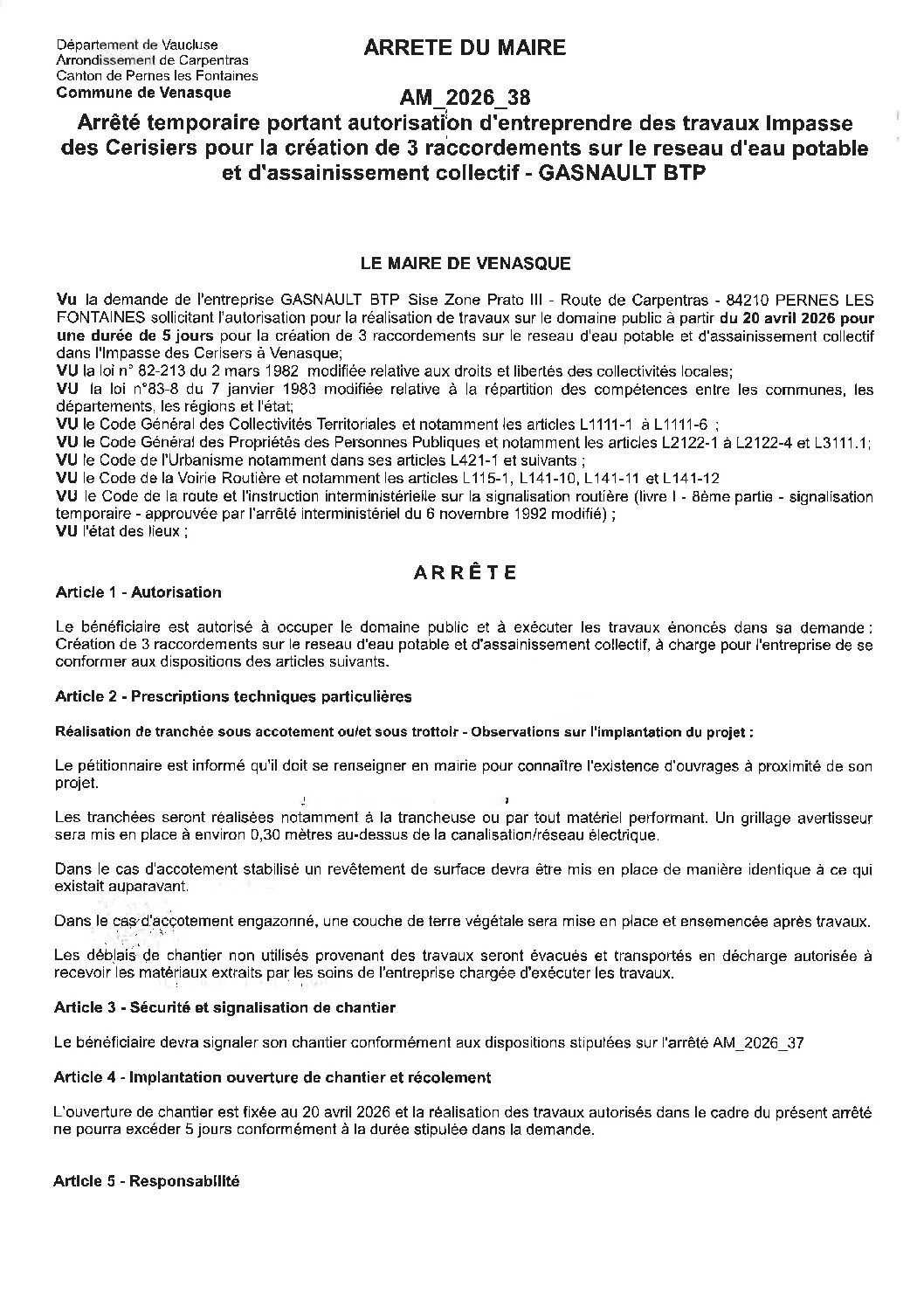 2026-38 Arrêté temporaire portant autorisation d&rsquo;entreprendre des travaux Impasse des Cerisiers – Création 3 raccordements eau potable et EU – GASNAULT BTP