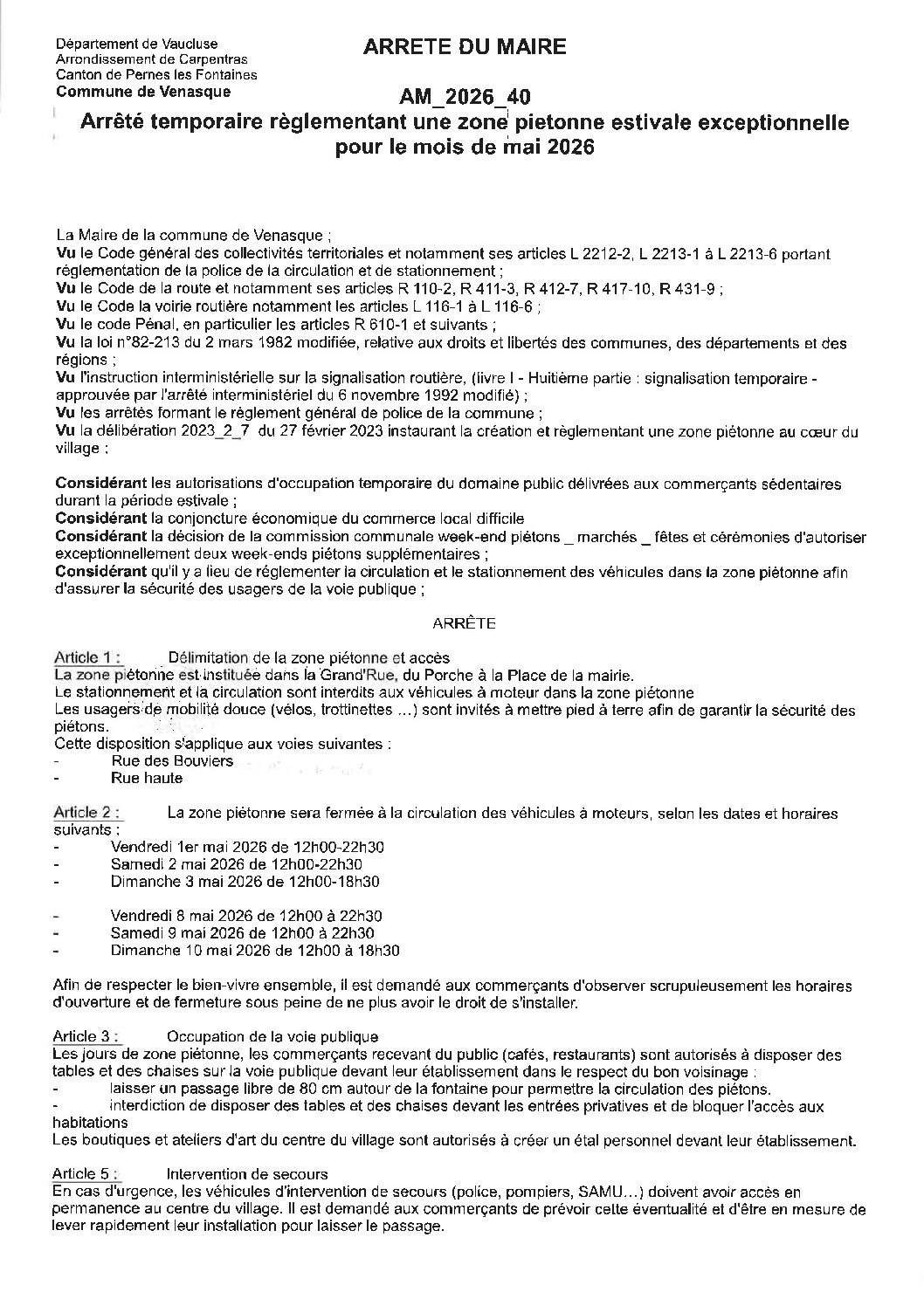 2026-40 Arrêté temporaire règlementant une zone piétonne estivale exceptionnelle pour le mois de mai 2026