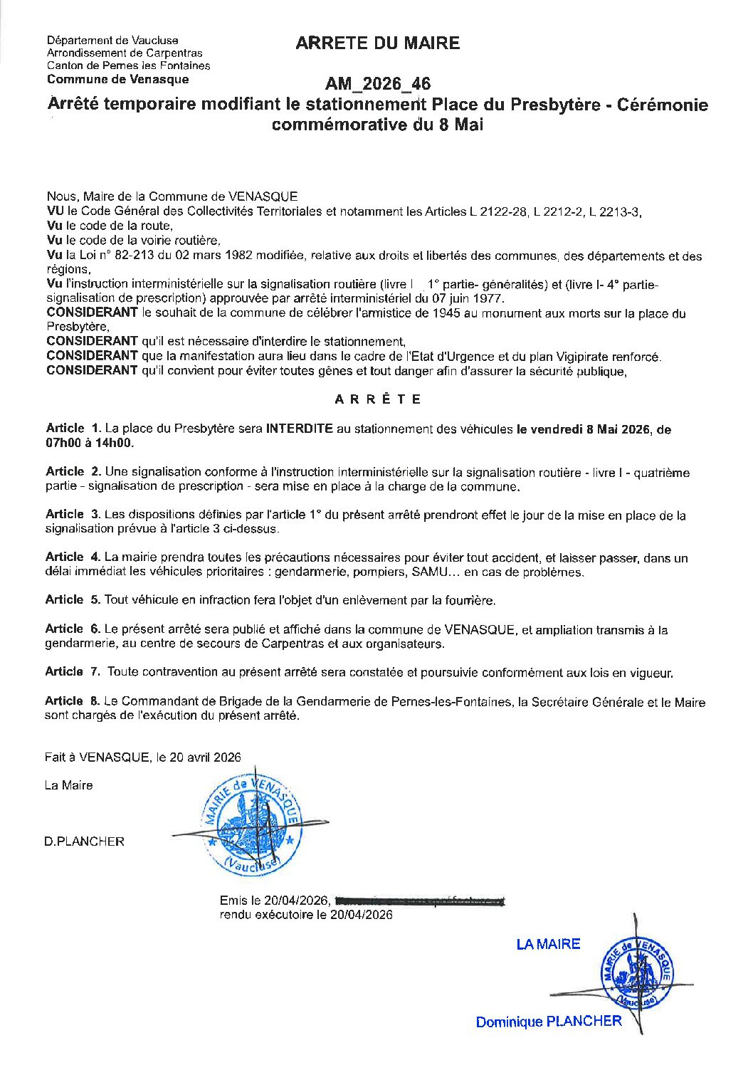 2026-46 Arrêté temporaire modifiant le stationnement Place du Presbytère – Cérémonie commémorative du 8 mai 2026