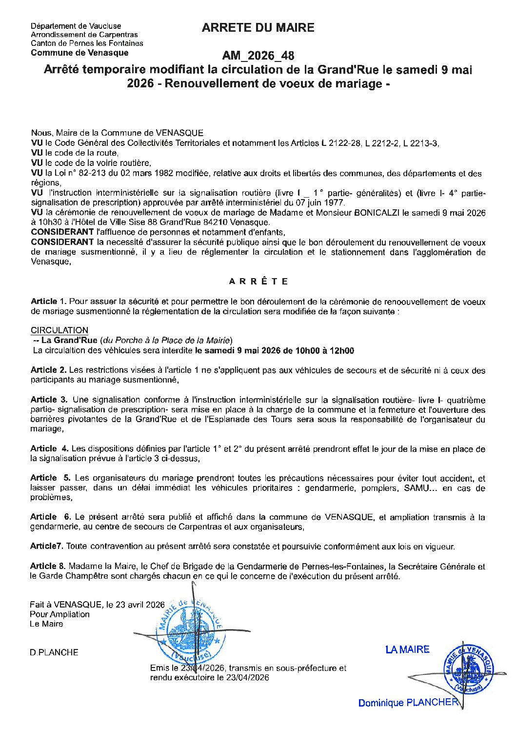 2026-48 Arrêté temporaire modifiant la circulation de la Grand’Rue le samedi 9 mai 2026 – Renouvellement de vœux de mariage