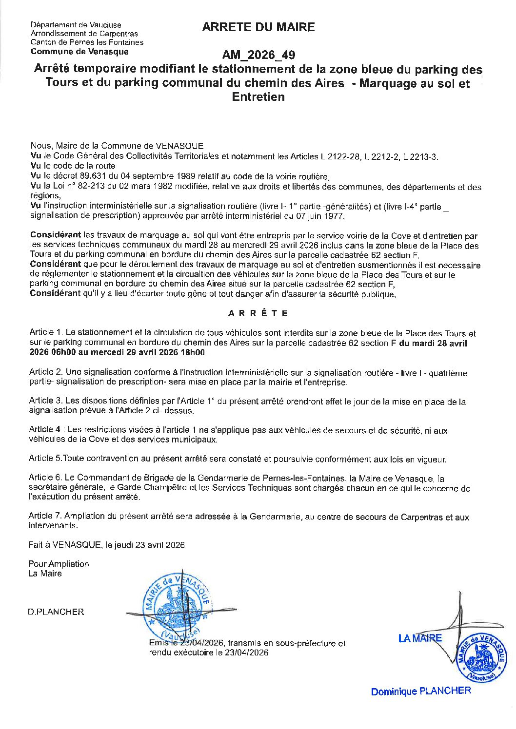 2026-49 Arrêté temporaire modifiant le stationnement de la zone bleue du parking des Tours et du parking chemin des Aires – Marquage au sol et entretien