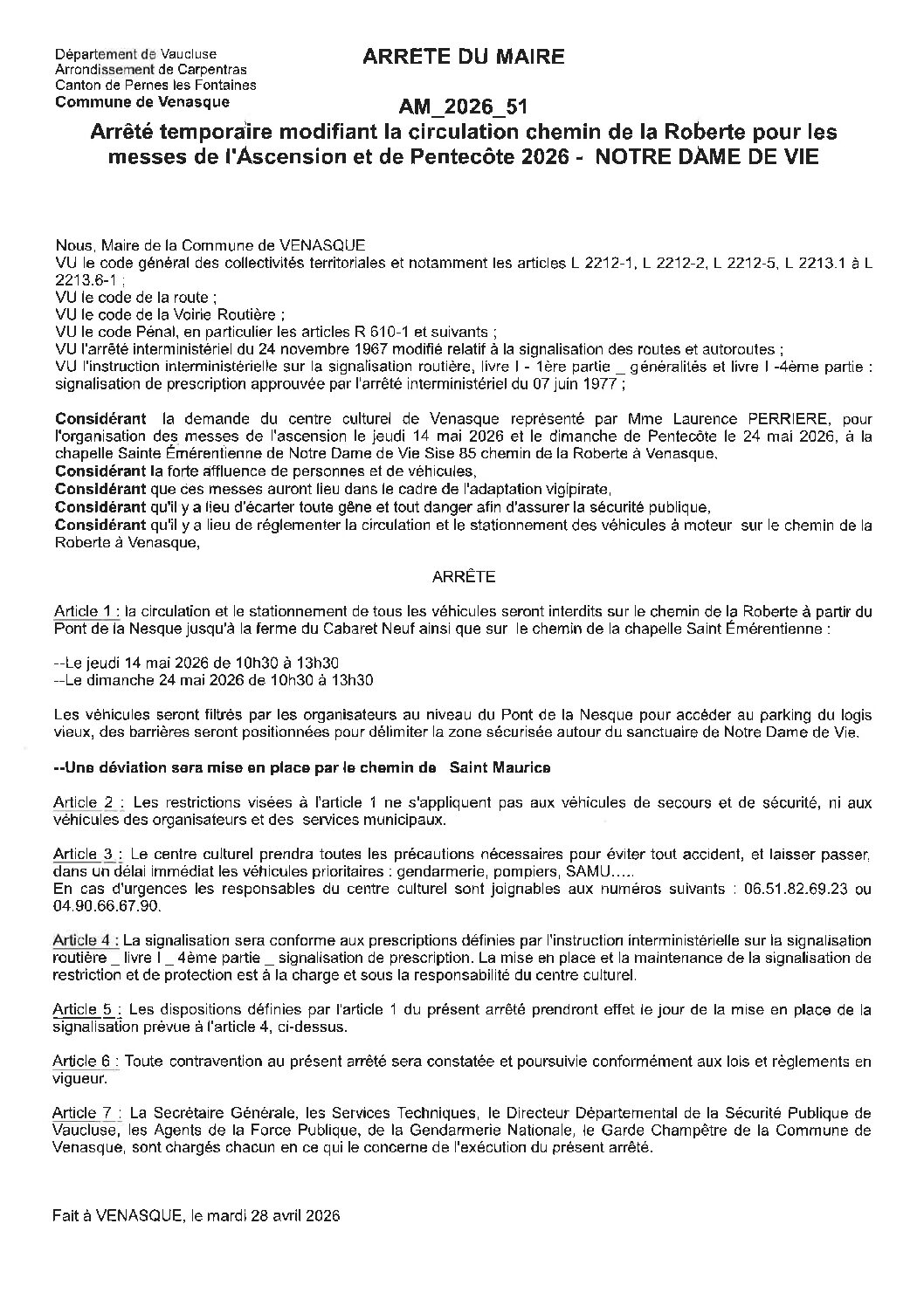 2026-51 Arrêté temporaire modifiant la circulation chemin de la Roberte pour les messes de l’Ascension et de Pentecôte 2026 – NDV