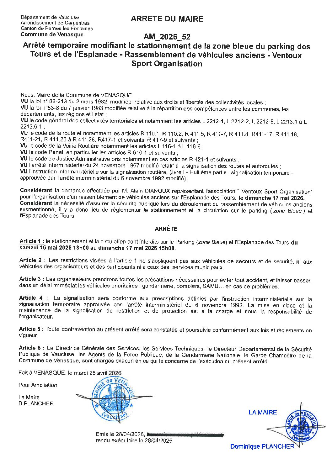 2026-52 Arrêté temporaire modifiant le stationnement de la zone bleue Parking et Esplanade des Tours – Ventoux Sport Organisation