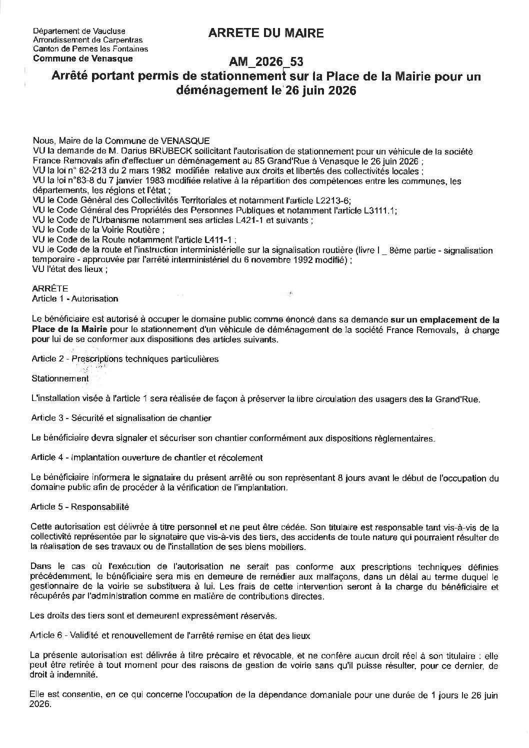 2026-53 Arrêté portant permis de stationnement sur la Place de la Mairie pour un déménagement le 26 juin 2026