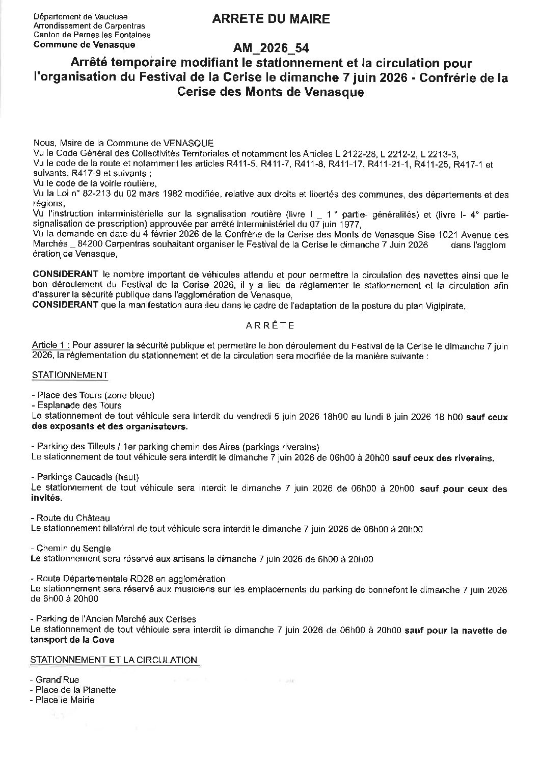 2026-54 Arrêté modifiant le stationnement et la circulation pour l’organisation du festival de la Cerise 2026 – Confrérie de la Cerise des Monts de Venasque