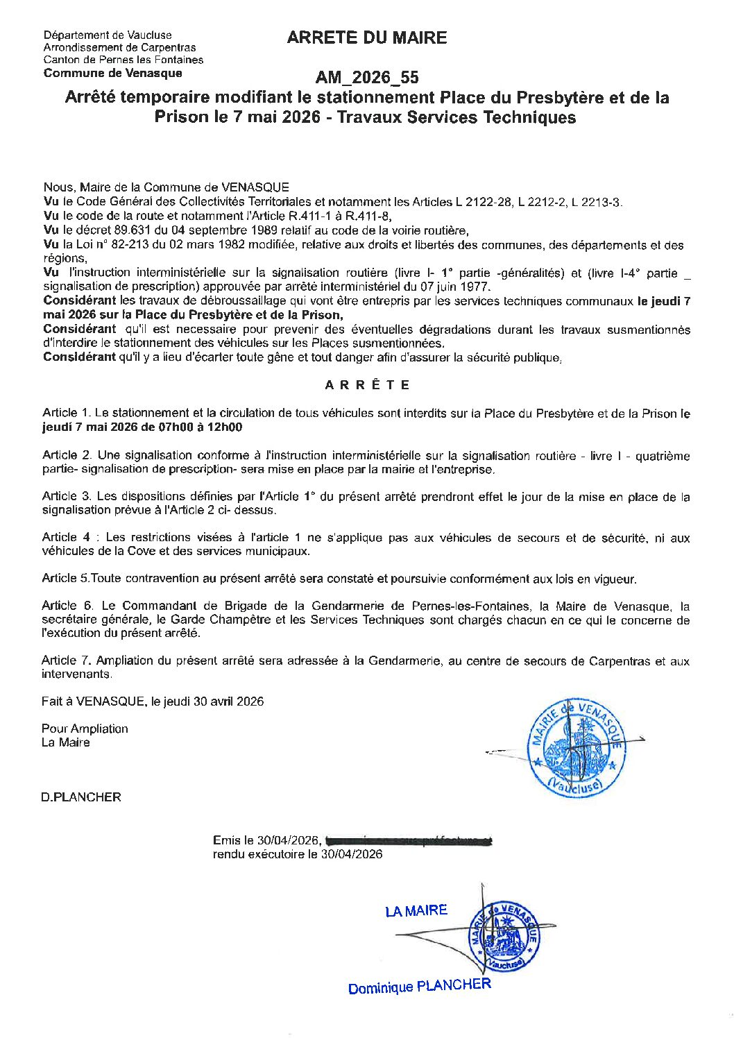 2026-55 Arrêté temporaire modifiant le stationnement Place du Presbytère et de la Prison le 7 mai 2026 – Travaux Services Techniques