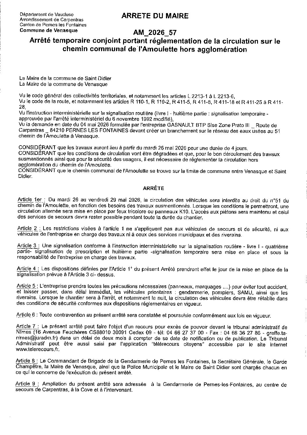 2026-57 Arrêté temporaire conjoint portant réglementation de la circulation sur le chemin communal de l’Amoulette