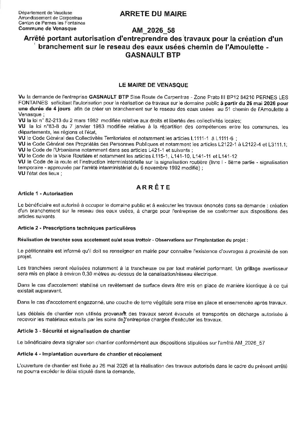 2026-58 Arrêté portant autorisation d’entreprendre des travaux pour la création d’un branchement sur le reseau EU chemin de l’Amoulette – GASNAULT BTP