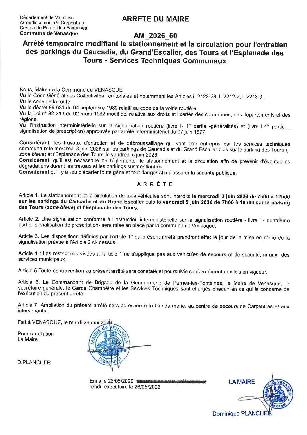 2026-60 Arrêté temporaire modifiant le stationnement et la circulation pour l’entretien des parkings – Services Techniques Communaux