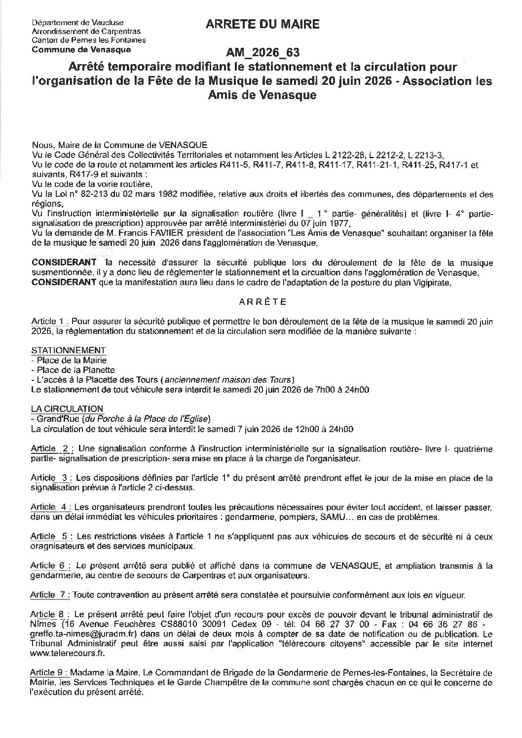 2026-63 Arrêté temporaire modifiant le stationnement et la circulation – Fête de la Musique 20 juin 2026 – Amis de Venasque